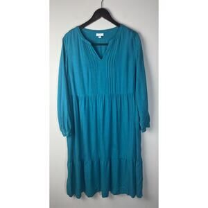 J JIll L Blue Tiered Maxi Dress Linen Blend Long Sleeve Pin Tuck Pleats XL